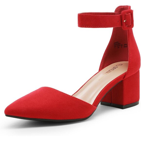 Dream Pairs Women's Red Suede Pointed Closed Toe Low Block Ankle Strap Heels - Picture 1 of 9
